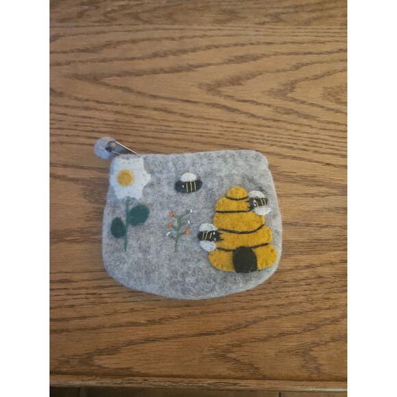 wool Accessories - BEE SWEET Felted Wool Zip Pouch/Bag with bumblebees, flower, and hive.